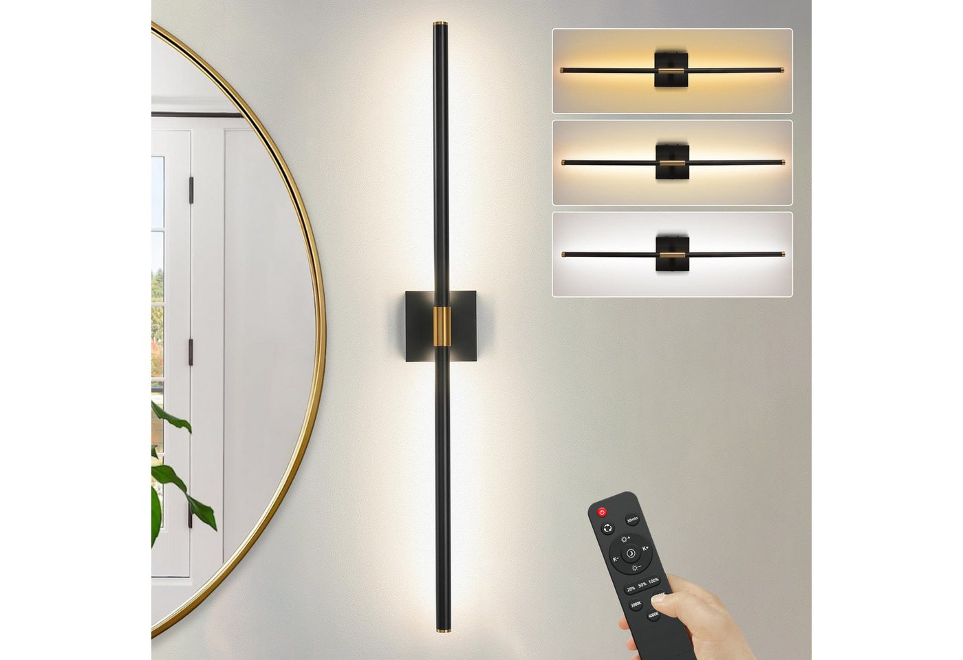 LMaxhome LED Wandleuchte Akku Wandlampe mit Fernbedienung Innen 10000mAh 72CM Kabellose Dimmbar, 1 Stück, LED fest integriert, 3000 K/4000 K/6000 K, 360° Drehbare Wiederaufladbar, 8W, Timing-Funktionen, Treppenhauslampe von LMaxhome