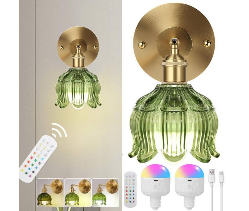 LMaxhome LED Wandleuchte Einstellbar E27 Retro Wandlampe mit grünem Glasschirm Fernbedienung, Batteriebetrieben, LED fest integriert, 15%-100% Helligkeit, RGB Wiederaufladbare Wandleuchte Speicherfunktion für Innen Wohnzimmer von LMaxhome
