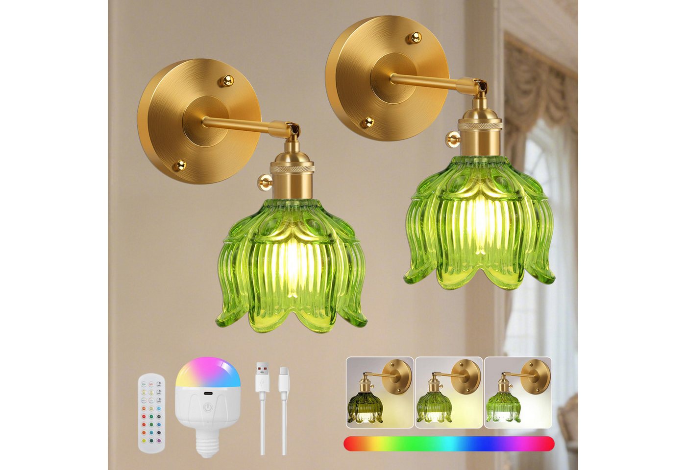 LMaxhome LED Wandleuchte Einstellbar E27 Retro Wandlampe mit grünem Glasschirm Fernbedienung, Batteriebetrieben, LED fest integriert, 15%-100% Helligkeit, RGB Wiederaufladbare Wandleuchte Speicherfunktion für Innen Wohnzimmer von LMaxhome