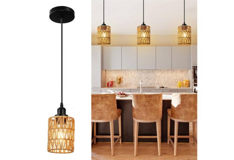 LMaxhome Pendelleuchte Hängeleuchte Rattan,Boho Pendelleuchte 3-flammig mit Led Glühbirne, LED wechselbar, Halogen, Warmweiß, Pendelleuchte Esstisch,Pendelleuchte Höhenverstellbar von LMaxhome