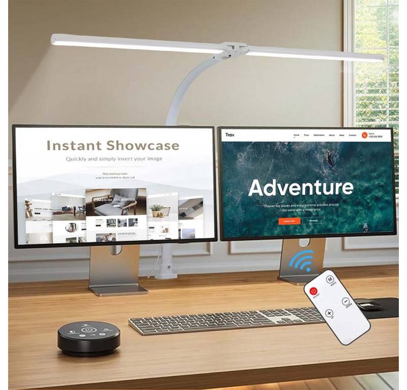 LMaxhome Schreibtischlampe Dimmbar LED Büro-Tischlampe 24W Doppelkopf klemmbar 1000lm Augenschutz, 80CM 5 Farbtemperatur 5 Helligkeitsstufen mit Fernbedienung Tageslicht von LMaxhome