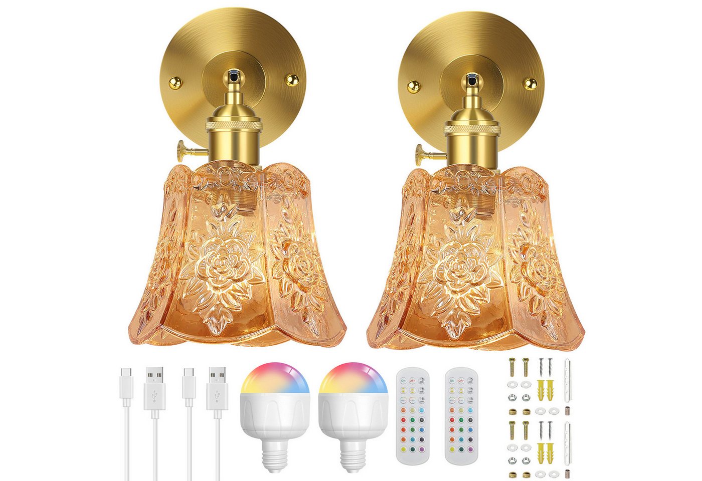 LMaxhome Wandleuchte Retro Wandlampe Dimmbare LED Innen Wandbeleuchtung, Bernstein, Batteriebetrieben, LED wechselbar, 3000K-4500K-6000K-RGB, mit Fernsteuerung, Glas Lampenschirm, für Schlafzimmer Wohnzimmer Flur von LMaxhome