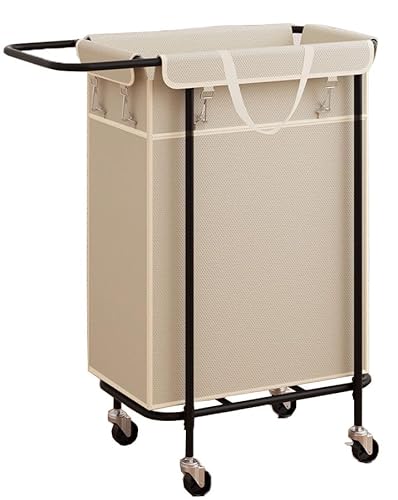 Wäschekorb mit Rollen, rollender Wäschekorb mit Metallrahmen und abnehmbarer Tasche, schmutzige Wäschekörbe für Schlafzimmer, Badezimmer, Schlafsaal (Größe: 50 x 29 x 81 cm, Farbe: Beige) von LNBHI