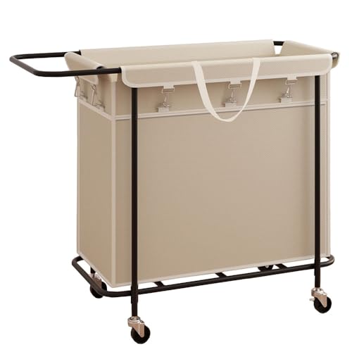 Wäschekorb mit Rollen, rollender Wäschekorb mit Metallrahmen und abnehmbarer Tasche, schmutzige Wäschekörbe für Schlafzimmer, Badezimmer, Schlafsaal (Größe: 80 x 39 x 81 cm, Farbe: Beige) von LNBHI
