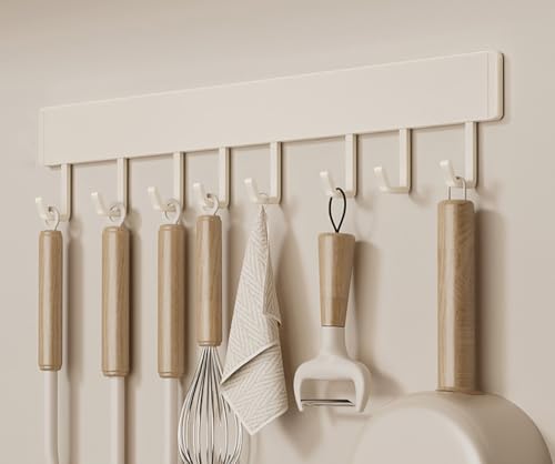 LNGFSH 2 Stück Hakenleiste Küche ohne Bohren – Küchenhaken für Löffel & Pfannenwender – Küchenhalterung Starke Haftung, Abnehmbar, Verschiebbare Haken (8 Haken,Beige) von LNGFSH