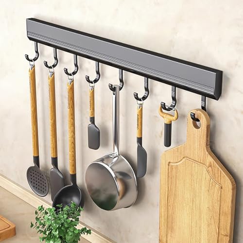 LNGFSH 2 Stück Hakenleiste für Küchenutensilien, Küchenhalterung ohne Bohren Küche Bad, Aluminium küche Hakenleiste, Matte Oberfläche (mit 8 Haken 40cm,Schwarz) von LNGFSH
