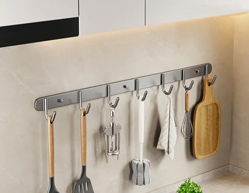 LNGFSH 2 Stücke Hakenleiste Küchenleiste Edelstahl selbstklebend Küche Hängeleiste Stange für Küchenutensilien Küchenhalterung ohne Bohren bewegliche Haken Modernes Design Matt (Grau,50cm) von LNGFSH