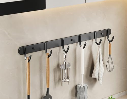 LNGFSH 2 Stücke Hakenleiste Küchenleiste Edelstahl selbstklebend Küche Hängeleiste Stange für Küchenutensilien Küchenhalterung ohne Bohren bewegliche Haken Modernes Design Matt (Schwarz,44cm) von LNGFSH