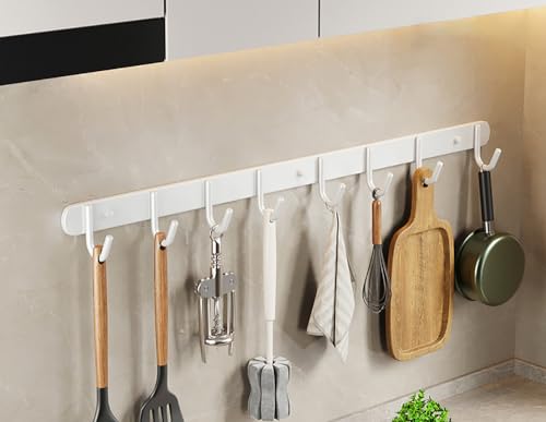 LNGFSH 2 Stücke Hakenleiste Küchenleiste Edelstahl selbstklebend Küche Hängeleiste Stange für Küchenutensilien Küchenhalterung ohne Bohren bewegliche Haken Modernes Design Matt (Weiß,60cm) von LNGFSH