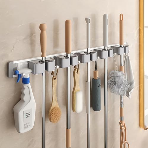 LNGFSH Besenhalter, Besenhalterung Wand, Aluminium Wandhalterung Besen, Wandhaken Selbstklebend Für Die Organisation Von Mopps, Werkzeugräumen (mit 5 Halter und 6 Haken) von LNGFSH