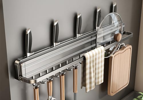 LNGFSH Hakenleiste Küche Multifunktionale Küchenorganizer Faltbar Küchenutensilienhalter - Küchenhelfer Aufbewahrung - Pfannenhalter - KochlöFfelhalter Ohne Bohren (mit 12 Haken 60cm) von LNGFSH