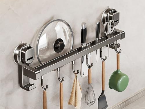 LNGFSH Messerhalter Saugnapf Aluminium Wandmontage, Küchenmesser mit Messerhalter Topfdeckel Halter Badetuchhalter Halter Satz Multifunktionaler Küchen Hängeständer Grau (mit 6 Haken) von LNGFSH