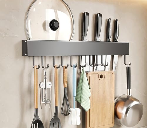 LNGFSH Wand Messerhalter Selbstklebender Küchenmesserhalter mit Haken,Messerblock ohne messer Aluminium Messerblockhalter Wandmontierter,Selbstklebende Haken (Grau,50cm) von LNGFSH