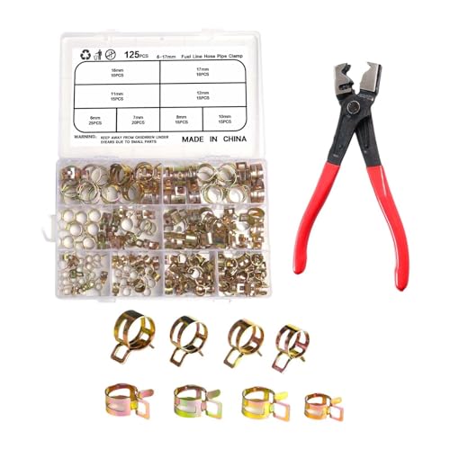 Zange und 125 Stück Kraftstoffleitung Befestigung Schellen,6mm/7mm/8mm/10mm/11mm/12mm/16mm/17mm,Kraftstoffleitung Schlauchschellen Befestigung,Kraftstoffleitung Federbandschellen,Federband-Clips, von LNGJIN