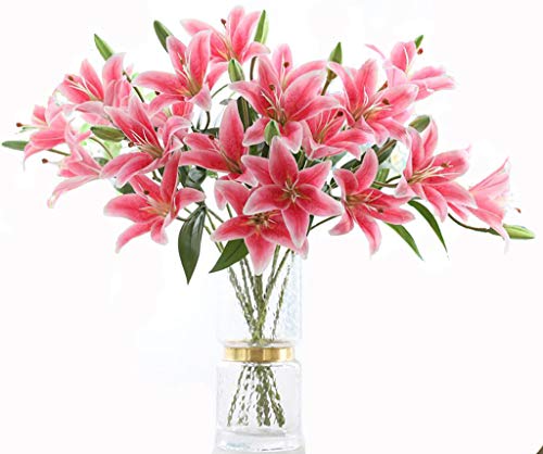 LNHOMY Künstliche Lilien, volle Blüten, Latex, fühlt sich echt an, künstliche Blumensträuße mit 3 Köpfen, für Hochzeit, Party, Dekoration, Heimdekoration (rosa-pink), 6 Stück von LNHOMY
