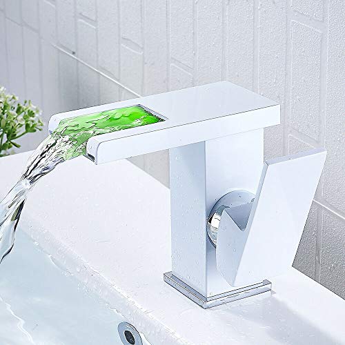 Waschtischarmatur Wasserfall LED Bad Wasserhahn mit RGB 3 Farbewechsel für Badezimmer Waschbecken Einhebelmischer Badarmatur (weiß) von LNINNERY