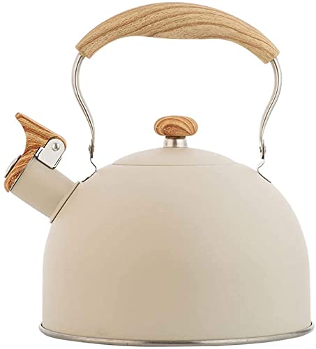 Flötenkessel mit Holzmasergriff, 2.5L Moderne Wasserkessel Induktion,Edelstahl Pfeifkessel , Teekanne mit Griff ,Wasserkocher Für Küche Camping Gasherd (Beige) von LNJ