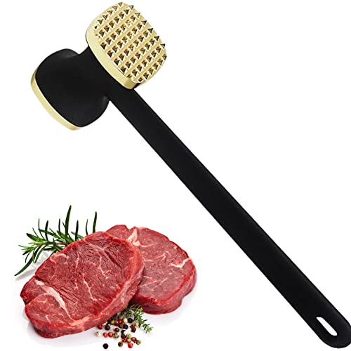 LNJ Fleischhammer - Fleischklopfer Aus Edelstahl - Doppelseitig Schnitzelklopfer Spülmaschinenfest Mit Rutschfestem Griff - Fleischplattierer Fleischstampfer Für Schnitzel, Koteletts, Steaks (Gold) von LNJ