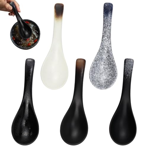 LNQ LUNIQI Chinesische Suppenlöffel Keramik, 5 Stück Japanische Ramen Löffel Set, Porzellan Esslöffel für Zuhause Restaurant Hotel, Mehrfarbig von LNQ LUNIQI