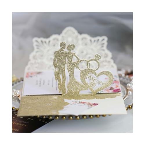 50 Stück lasergeschnittene Hochzeitseinladungen, Geschenkkarten for Jahrestag, 3D-Pop-Up-Hochzeitseinladungskarten for Hochzeit, Party, Jahrestag, Ehe Einladungen(Gillter Gold) von LNQKJXIIA