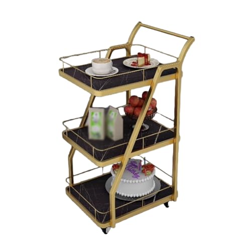 LNQKJXIIA 3-lagiger Barwagen, Weinwagen, beweglicher Speisewagen aus Schmiedeeisen mit Essensaufbewahrung und Getränkeausgabe(Black+Gold) von LNQKJXIIA