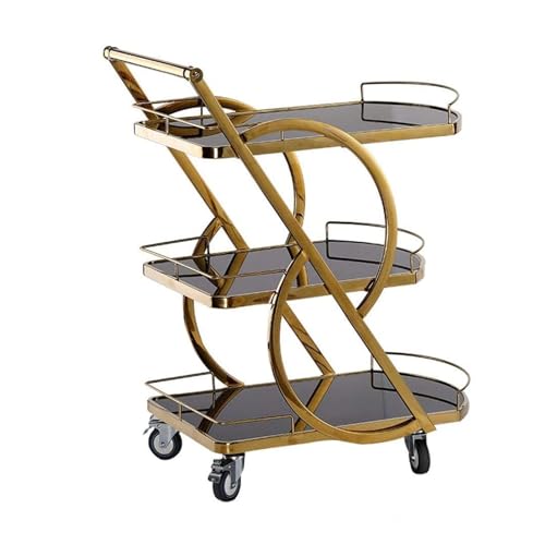 LNQKJXIIA 3-stufiger Barwagen, Speisewagen aus Schmiedeeisen, Beistelltisch mit Ablagefläche for Mahlzeiten und Couchtisch aus gehärtetem Glas mit Rädern(Golden) von LNQKJXIIA
