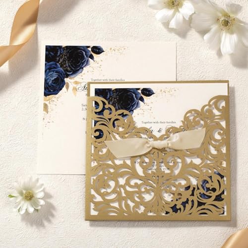 LNQKJXIIA 50 Stück lasergeschnittene Hochzeitseinladungen mit Umschlägen und Schleife, 5,9 x 5,9 personalisierte Einladungskarten for Hochzeiten, Jubiläumseinladungen Einladungen(Gold) von LNQKJXIIA