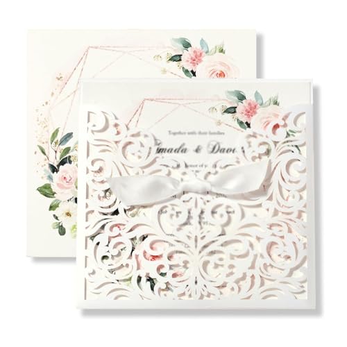 LNQKJXIIA 50 Stück lasergeschnittene Hochzeitseinladungen mit Umschlägen und Schleife, 5,9 x 5,9 personalisierte Einladungskarten for Hochzeiten, Jubiläumseinladungen Einladungen(Ivory) von LNQKJXIIA
