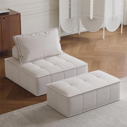 LNRLZYLS Bodensofa mit Hocker, 100×100×72 cm Sessel & 100×50×38 cm Fußhocker, strukturierter Stoff, ideal für Wohnzimmer/Schlafzimmer, vakuumverpackt & Keine Montage, Beige von LNRLZYLS
