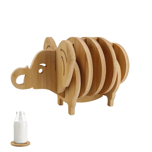 7 Stück Bambus Untersetzer, LNSYSNS Umweltfreundliche Kreative Tassenuntersetzer mit Halter, Spleißbarer 3D Elefant Untersetzer, für Café, Schreibtisch, Esstisch von LNSYSNS