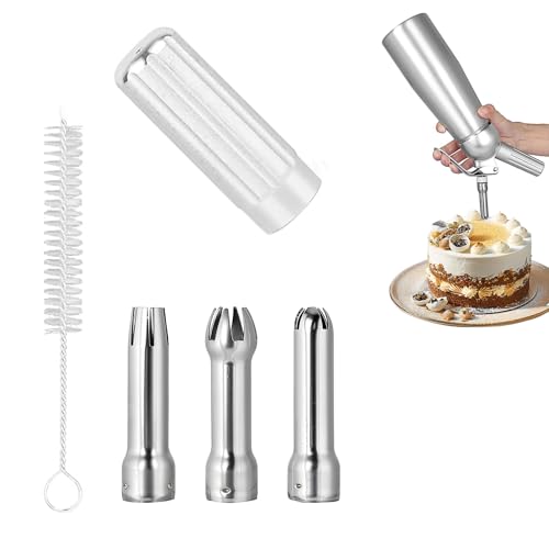 LNSYSNS 3 Stück Sahnespender Austauschbar, Spritztülle Geeignet für Schlagsahnebereiter, Spritztülle Edelstahl mit Aluminiummagazin und Feiner Bürste, für Kuchen, Kekse von LNSYSNS