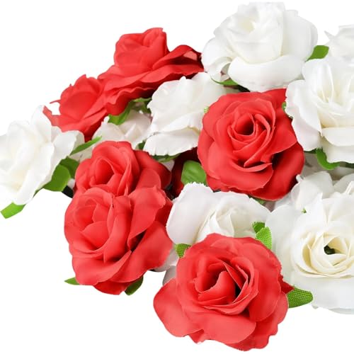 LNSYSNS 40 Stück Künstliche Rosen, Realistische Kunstblumen Köpfe, Rote und Weiße Künstliche Blumen Deko, Durchmesser 4 cm Kunstblumen zum Basteln Seidenblumen, für Hochzeit, Geburtstag, Party von LNSYSNS