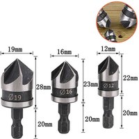 3-teiliges 90-Grad-Fasenfräser-Set mit 5 Nuten für Holz, Metall, Schnellwechsel-1/4-Zoll-Sechskant-Fasenbohrer aus Kohlenstoffstahl, von LNTYQ
