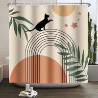 Lntyq - Boho Duschvorhang 180x180, Mid Century Abstrakt Schwarze Katze Grünes Blatt Schleife Sonne Mond Beige Badevorhang Modern Minimalistisch Lntyq - Boho Duschvorhang 180x180, Mid Century Abstrakt Schwarze Katze Grünes Blatt Schleife Sonne Mond Beige Badevorhang Modern Minimalistisch von LNTYQ