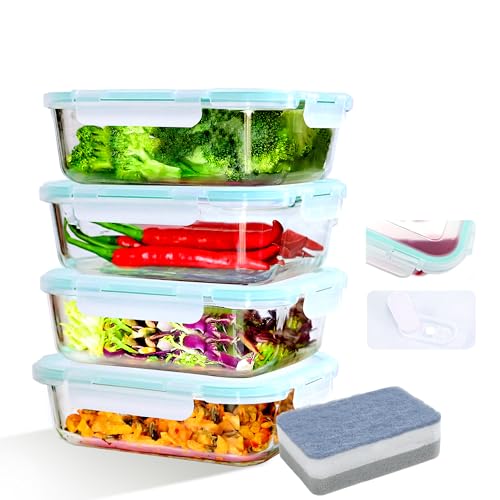 LNWSN Büro Lunchbox Glas Set Erwachsene – 4x1040ML Großvolumen 1040ml Einzeln mit Blauem Deckel | Glasbehälter Mit Deckelmikrowellengeschirr (BPA-Frei) von LNWSN