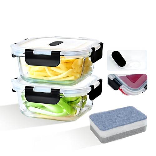 LNWSN Meal Prep Boxen Glas 2er, Luftdichter Glasbehälter mit Deckel, 520ml Frischhaltedosen Glas mit Deckel, Vorratsdosen Luftdicht, BPA-Frei, Glasdosen mit Deckel Set für Mikrowelle, Ofen von LNWSN