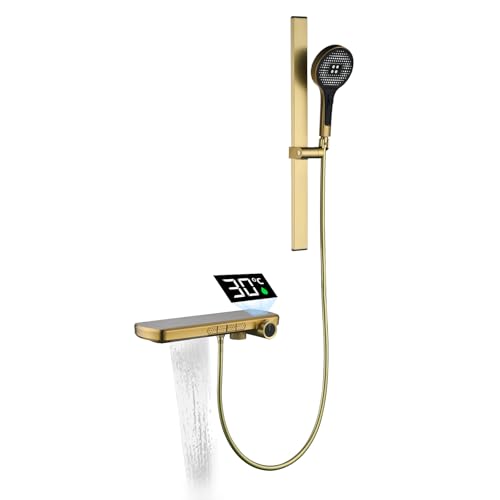 Badewannenarmatur mit Handbrause, Duscharmatur mit Thermostat, Höhenverstellbar Duschstange mit 4 Strahlarten Handbrause Wannenarmatur Wasserfall, 1,5m Schlauch (Gebürstetes Gold) von LNXGJJ