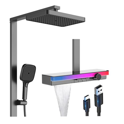 Duscharmatur Komplettset LED Temperaturanzeige Duschsystem Sensor Farblicht Duschet Regendusche Set 3 Funktional Duschgarnitur mit Regendusche, Handbrause, Wasserfall Wannenauslauf von LNXGJJ