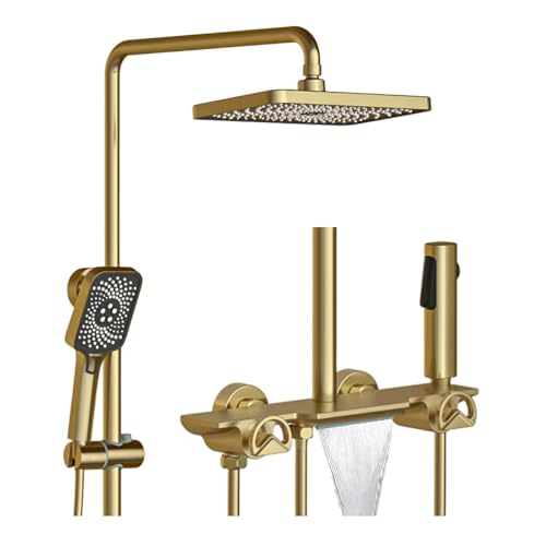 Duschsystem Gold Duscharmatur Komplettset 4 Funktionen Wandmontage Duschset Regendusche Set Messing Duschgarnitur mit Regendusche, Wanneneinlauf Wasserfall, Bidet Handbrause (Gold) von LNXGJJ