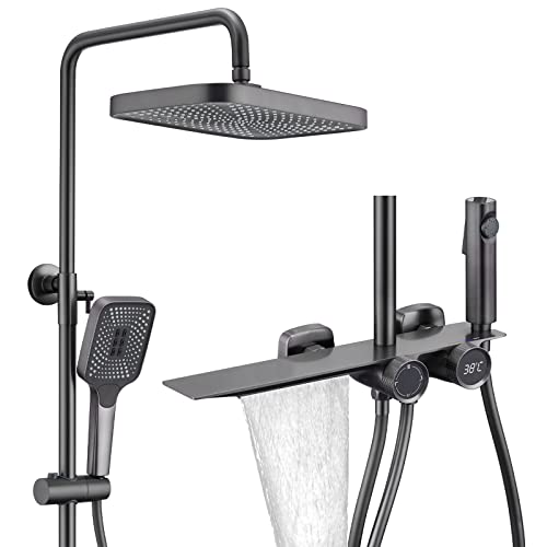 Duschsystem Regendusche Set Pistole Grau Duschset mit LED Digitalanzeige Duscharmatur Höhenverstellbar Duschsäule mit Wasserfall Wannenauslauf, 32 * 20cm Duschkopf, 3 Modi Handbrause, Bidet-Dusche von LNXGJJ