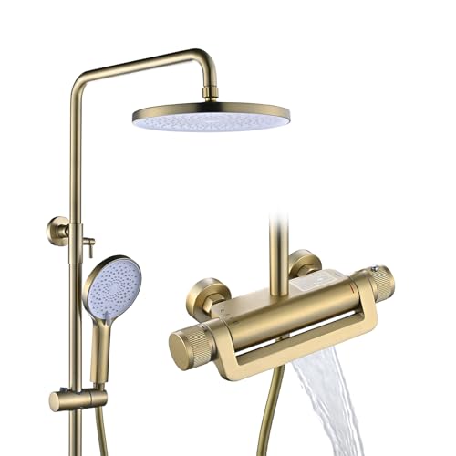 Duschsystem mit Thermostat, 3 Funktions Duscharmatur Komplettset, Duschset Regendusche Set mit Armatur Wasserfall, Regendusche mit Armatur 3 Modes Handbrause, Wandmontage Duscharmatur Set von LNXGJJ