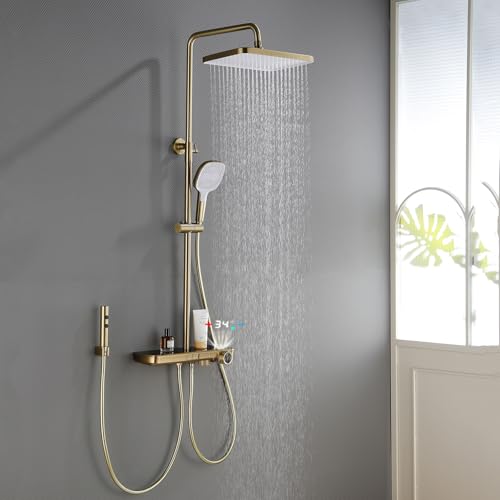 Duschsystem mit Thermostat Duschsäule Höhenverstellbar, 4-in-1 Duschset 35x22cm Regendusche, 3-Strahlarten Handbrause, Wasserfall Wannenauslauf, Hygienedusche, Gebürstetes Gold von LNXGJJ