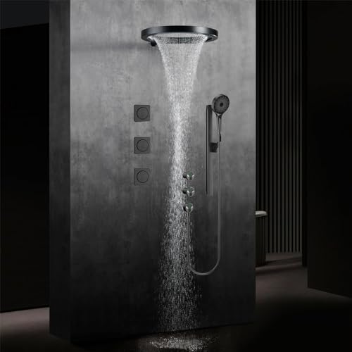LNXGJJ 20 Zoll Unterputz Duscharmatur Set KreisföRmiges Topspray Duscharmatur Komplettset Dusche Regendusche Set mit 3 Modus Handbrause und 3 StüCk 4 Zoll-RüCkenbrause- Black von LNXGJJ