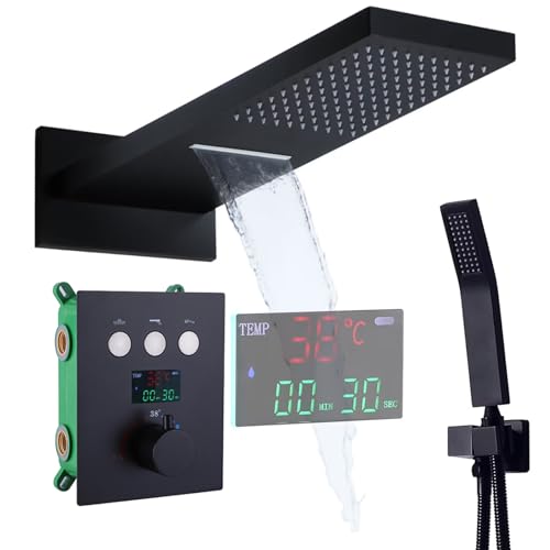 LNXGJJ Duscharmatur Schwarz, Duschsystem mit Thermostat, Duschsystem Unterputz Wandmontiert Duscharmatur Unterputz Digitaler Bildschirm Regendusche Set von LNXGJJ