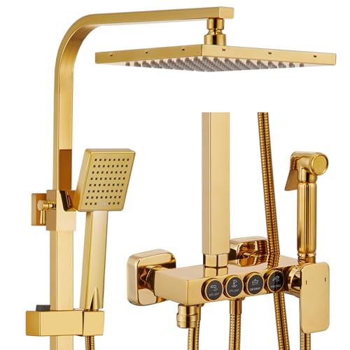 LNXGJJ Duschsystem Gold Duscharmatur Wandhalterung Klaviertasten Duschset Gold Regendusche Duschsystem mit 22 cm * 22 cm Duschkopf, Handbrause, Badewannenarmatur, Bidet Handbrause von LNXGJJ