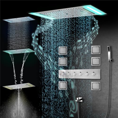 LNXGJJ Musik Duschsystem mit Thermostat 64 Farben LED Unterputz Duscharmatur Set mit 6 PCS 130 * 120mm KöRperdüSen 638 * 338mm Duschset mit Handbrause und Badewannenarmatur- Chrome von LNXGJJ