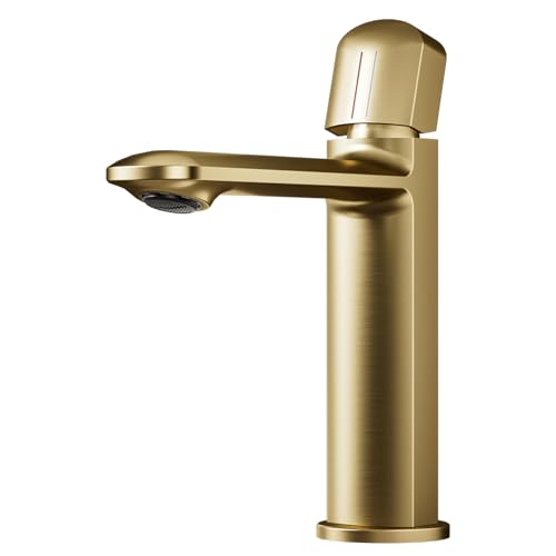 Wasserhahn Bad GebüRstetes Gold, Waschtischarmatur Mit Wassersparfunktion, Armatur Badezimmer, Waschbecken Armaturen Mit Auslauf HöHe 131 MM FüR GäSte Wc, Waschbeckenarmatur, Massiv Messing von LNXGJJ
