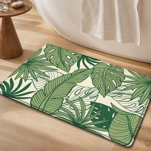 Badezimmermatte Beige Grüne Blätter Bath Mat Mikrofaser Badmatte Waschbar Badezimmerteppich rutschfest Badematte Schnelltrocknend Badezimmermatten Verdicken Badmatten Badvorleger 40x60cm von LNXSESN