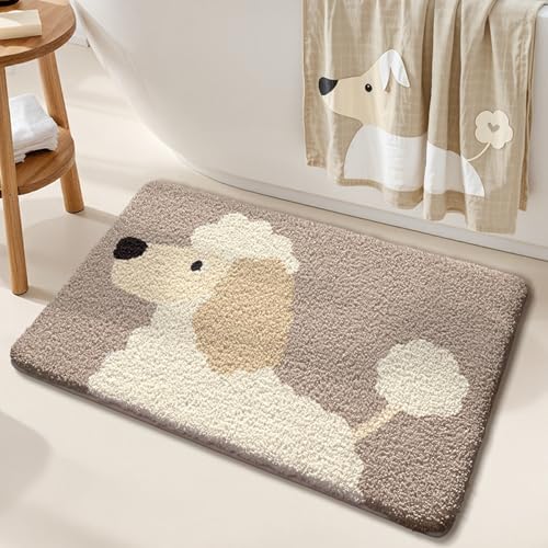 Badezimmermatte Beige Hund Drucken Bath Mat Mikrofaser Badmatte Langlebig Badezimmerteppich rutschfest Badematte Schnelltrocknend Duschvorleger Verdicken Badvorleger Waschbar Badezimmermatten 50x80cm von LNXSESN