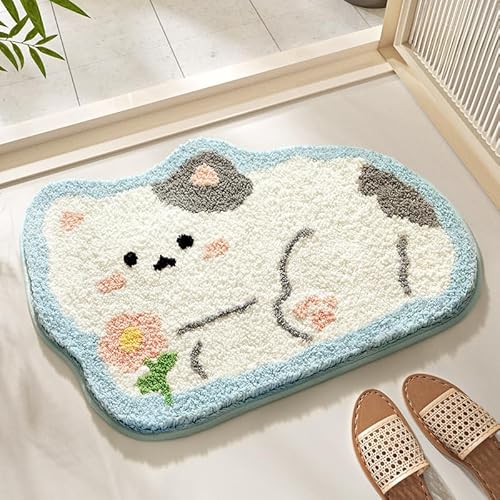 Badezimmermatte Blaue Katze Weiß Badmatte Mikrofaser Bath Mat Waschbar Badezimmerteppich Duschvorleger rutschfest Badematte Schnelltrocknend Badvorleger Verdicken Badezimmermatten 50x80cm von LNXSESN